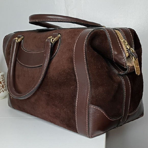 Vintage Gucci Brown Suede Boston Bag with Leather Trim – Gorgeous Condition 60s - Picture 3 of 17